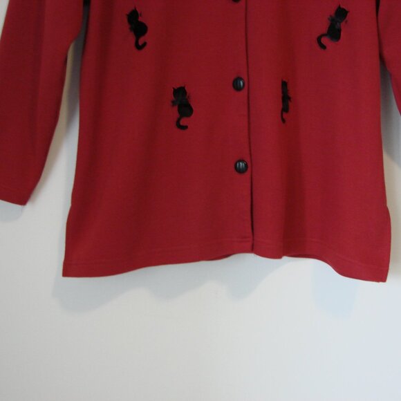 Red Knit Cardigan Sweater Jacket Faux Fur Collar Black Cats Size Medium Large XL - Picture 7 of 11